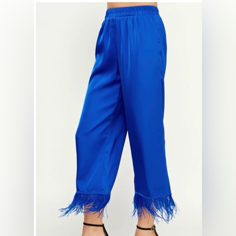 Animari blue silk pants with feather fringe| matching set